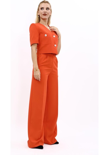 Kısa Kollu Yakasız Mini Ceket & Yüksek Bel Bol Paça Pantolon Takım-Turuncu fırsatları