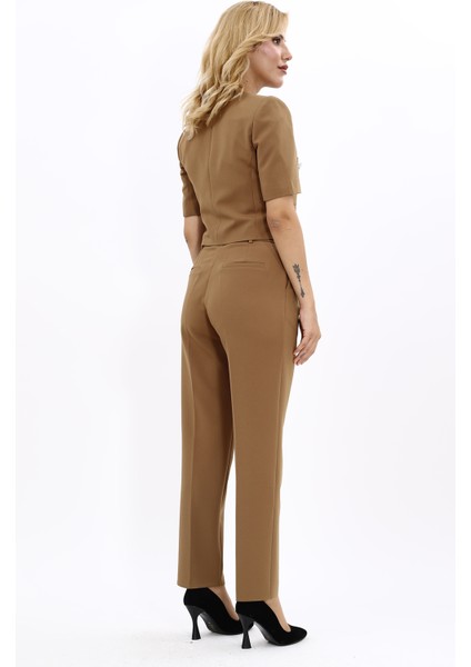Kısa Kollu Yakalı Mini Ceket & Pileli Boru Paça Pantolon Takım-Camel fırsatları
