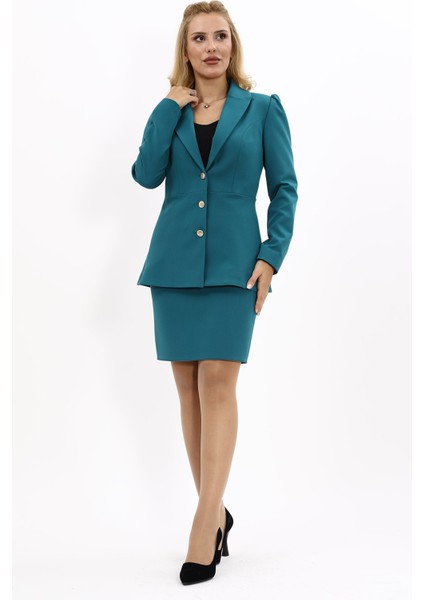 Erkek Yaka Kolu Büzgülü Ceket & Yırtmaçlı Düz Dar Etek-Petrol