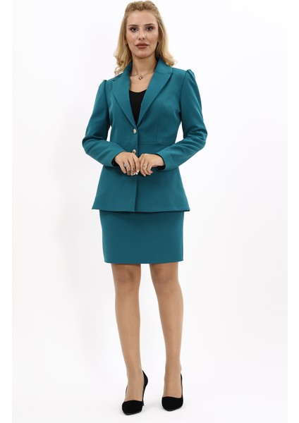 Erkek Yaka Kolu Büzgülü Ceket & Yırtmaçlı Düz Dar Etek-Petrol indirimleri