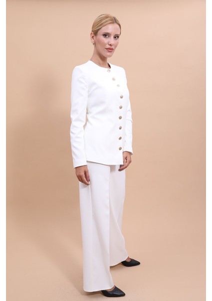 Sıfır Yaka Boydan Düğmeli Ceket & Bol Paça Pantolon-Beyaz fiyatları
