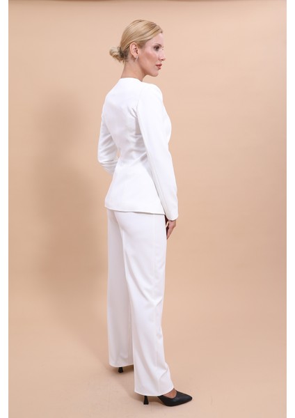 Sıfır Yaka Boydan Düğmeli Ceket & Bol Paça Pantolon-Beyaz modelleri