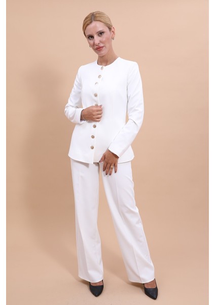 Sıfır Yaka Boydan Düğmeli Ceket & Bol Paça Pantolon-Beyaz fırsatları