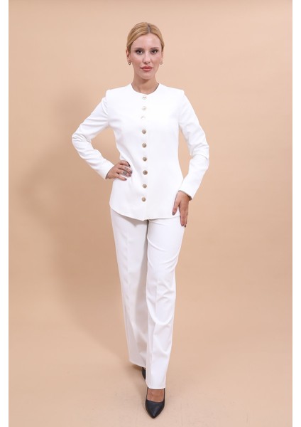 Sıfır Yaka Boydan Düğmeli Ceket & Bol Paça Pantolon-Beyaz indirimleri