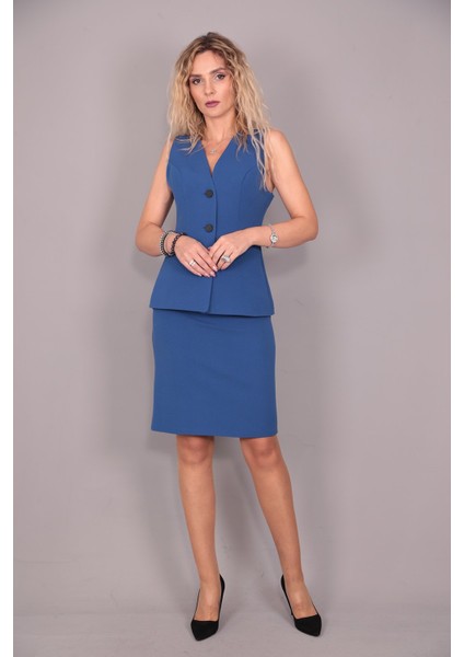 Uzun Klasik Yelek & Kalem Etek Takım-Indigo fiyatları