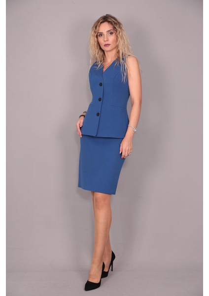 Uzun Klasik Yelek & Kalem Etek Takım-Indigo modelleri