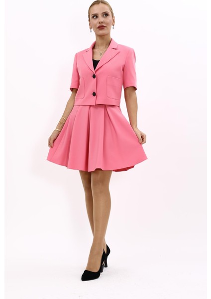 Kısa Kollu Yakalı Mini Ceket & Kloş Kısa Etek Takım-Pembe