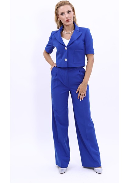 Kısa Kollu Yakalı Mini Ceket & Yüksek Bel Bol Paça Pantolon Takım-Saks