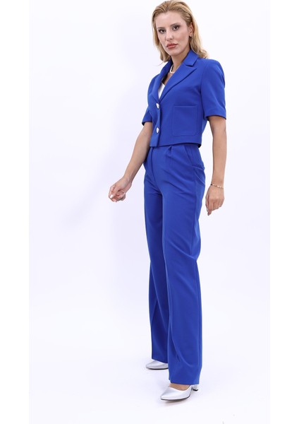 Kısa Kollu Yakalı Mini Ceket & Yüksek Bel Bol Paça Pantolon Takım-Saks fiyatları