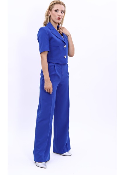 Kısa Kollu Yakalı Mini Ceket & Yüksek Bel Bol Paça Pantolon Takım-Saks modelleri