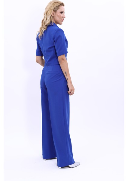 Kısa Kollu Yakalı Mini Ceket & Yüksek Bel Bol Paça Pantolon Takım-Saks fırsatları