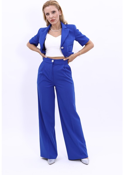 Kısa Kollu Yakalı Mini Ceket & Yüksek Bel Bol Paça Pantolon Takım-Saks indirimleri