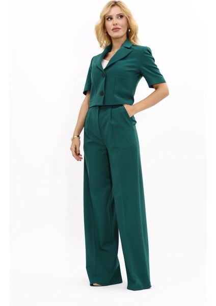 Kısa Kollu Yakalı Mini Ceket & Yüksek Bel Bol Paça Pantolon Takım-Zümrüt
