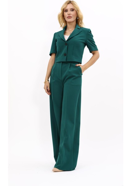 Kısa Kollu Yakalı Mini Ceket & Yüksek Bel Bol Paça Pantolon Takım-Zümrüt indirimleri