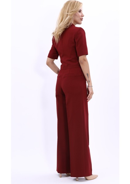 Kısa Kollu Yakalı Mini Ceket & Yüksek Bel Bol Paça Pantolon Takım-Bordo fırsatları