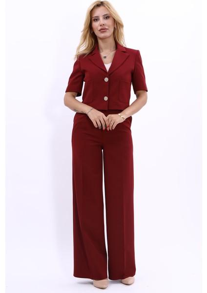 Kısa Kollu Yakalı Mini Ceket & Yüksek Bel Bol Paça Pantolon Takım-Bordo indirimleri