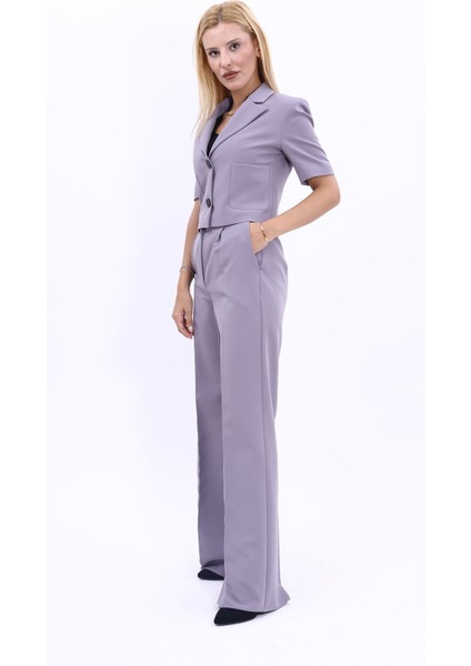 Kısa Kollu Yakalı Mini Ceket & Yüksek Bel Bol Paça Pantolon Takım-Antrasit fiyatları