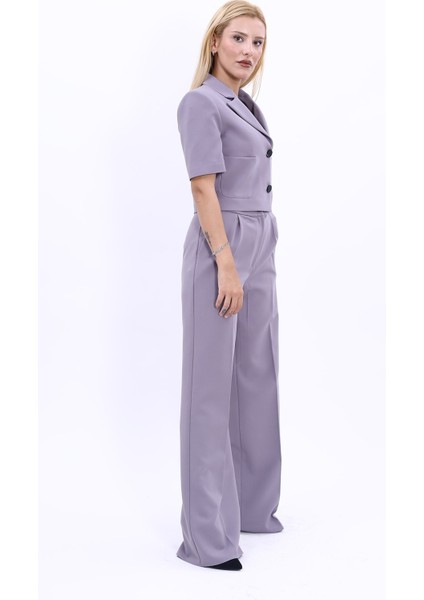 Kısa Kollu Yakalı Mini Ceket & Yüksek Bel Bol Paça Pantolon Takım-Antrasit modelleri