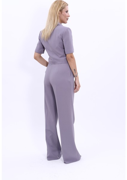 Kısa Kollu Yakalı Mini Ceket & Yüksek Bel Bol Paça Pantolon Takım-Antrasit fırsatları