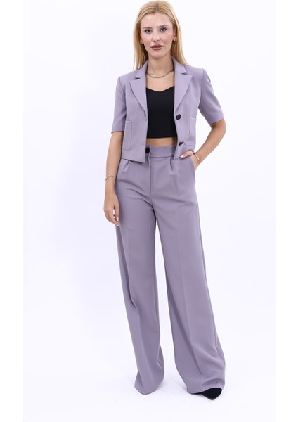 Kısa Kollu Yakalı Mini Ceket & Yüksek Bel Bol Paça Pantolon Takım-Antrasit indirimleri