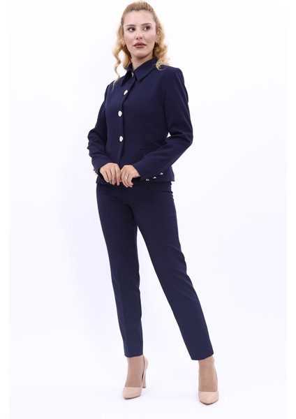 Peplum Ceket & Boru Paça Pantolon Takım-Lacivert