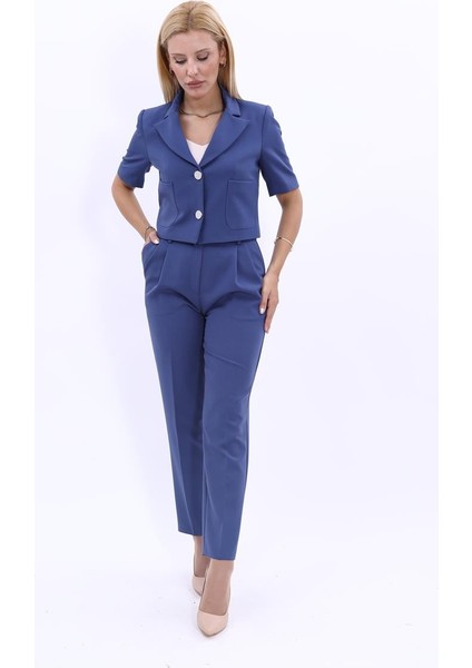 Kısa Kollu Yakalı Mini Ceket & Pileli Boru Paça Pantolon Takım-Indigo