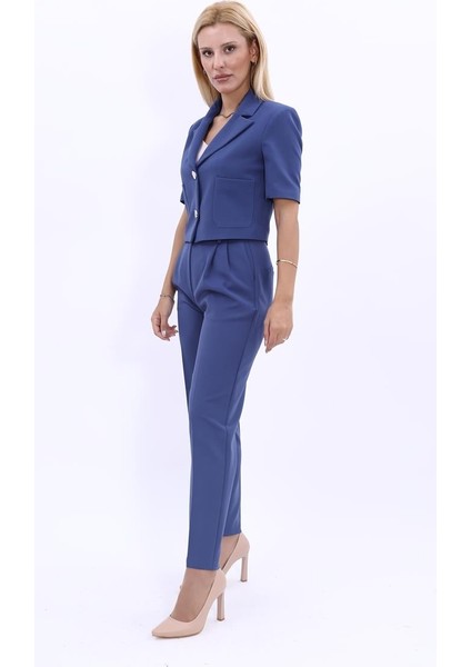 Kısa Kollu Yakalı Mini Ceket & Pileli Boru Paça Pantolon Takım-Indigo fiyatları