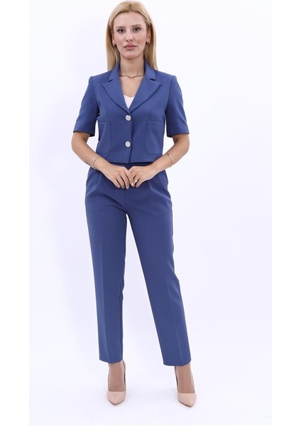 Kısa Kollu Yakalı Mini Ceket & Pileli Boru Paça Pantolon Takım-Indigo indirimleri