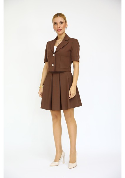 Kısa Kollu Yakalı Mini Ceket & Kloş Kısa Etek Takım-Kestane indirimleri