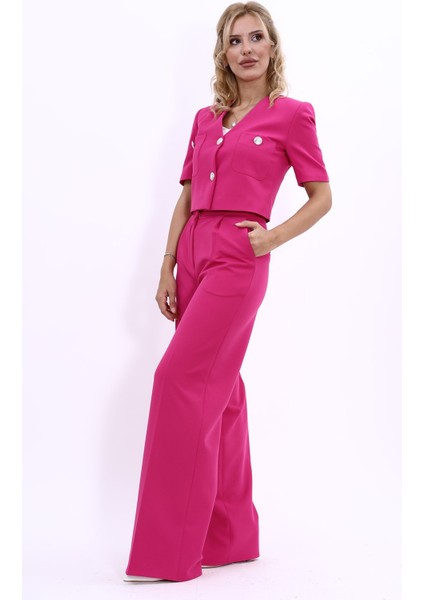 Kısa Kollu Yakasız Mini Ceket & Yüksek Bel Bol Paça Pantolon Takım-Fuşya