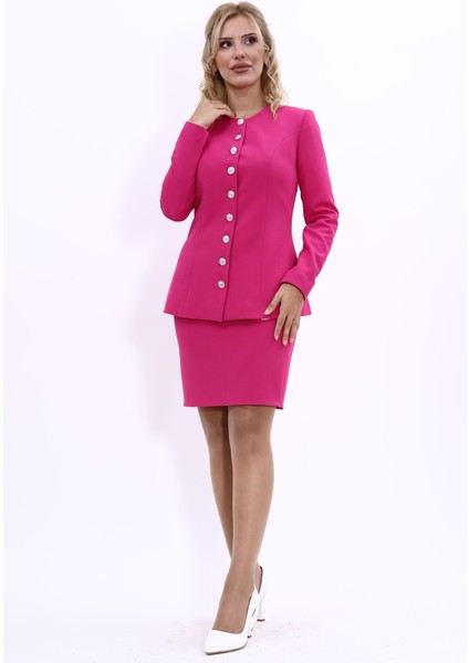 Sıfır Yaka Boydan Düğmeli Ceket & Yırtmaçlı Düz Dar Etek-Fuşya