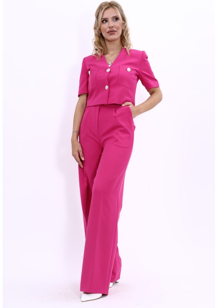 Kısa Kollu Yakasız Mini Ceket & Yüksek Bel Bol Paça Pantolon Takım-Fuşya modelleri