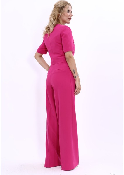 Kısa Kollu Yakasız Mini Ceket & Yüksek Bel Bol Paça Pantolon Takım-Fuşya fırsatları