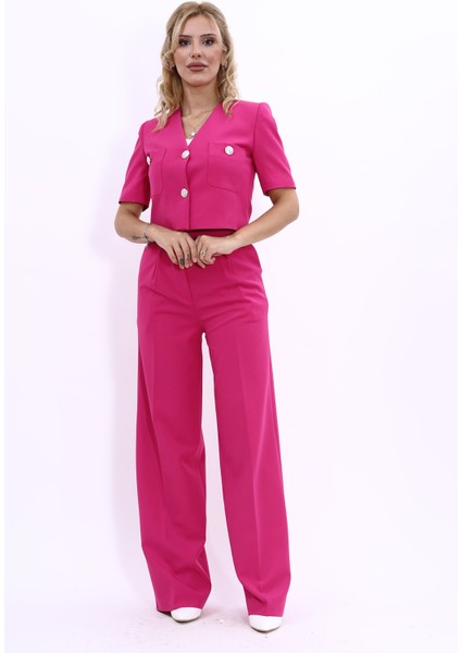 Kısa Kollu Yakasız Mini Ceket & Yüksek Bel Bol Paça Pantolon Takım-Fuşya indirimleri