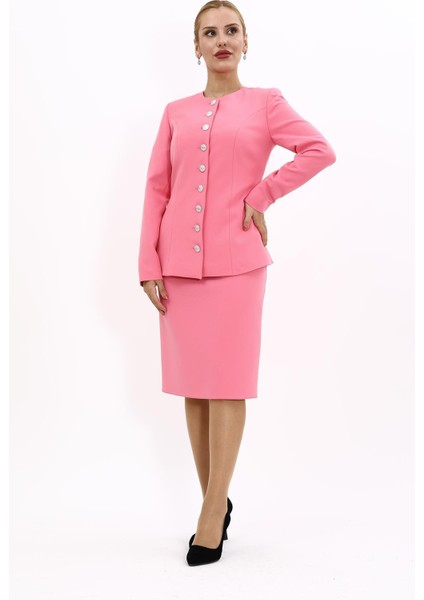 Sıfır Yaka Boydan Düğmeli Ceket & Düz Dar Etek-Pembe
