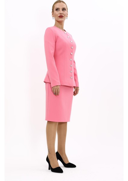 Sıfır Yaka Boydan Düğmeli Ceket & Düz Dar Etek-Pembe modelleri