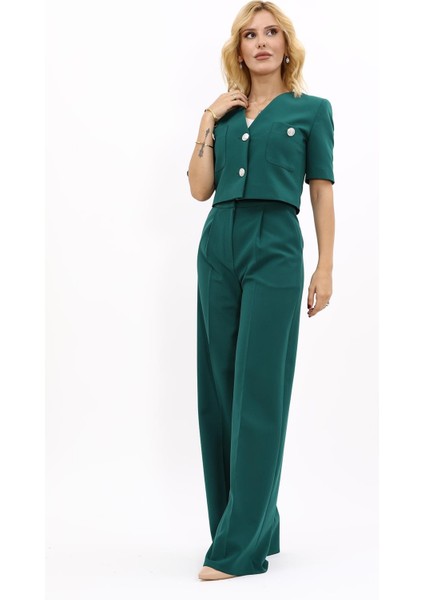 V Yaka Kısa Ceket & Korsaj Kemer Palazzo Pantolon-Zümrüt