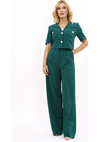 V Yaka Kısa Ceket & Korsaj Kemer Palazzo Pantolon-Zümrüt indirimleri