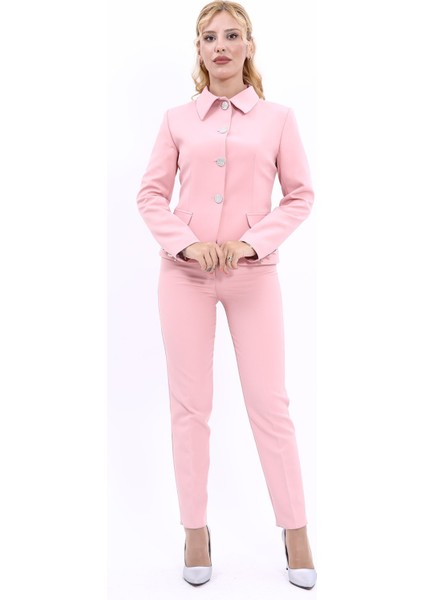 Peplum Ceket & Boru Paça Pantolon Takım-Pudra