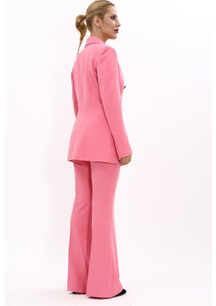 Erkek Yaka Kuruvaze Blazer Ceket & İspanyol Paça Pantolon-Pembe fırsatları