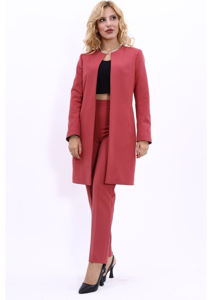 Sıfır Yaka Düz Uzun Ceket & Dar Paça Pantolon-Kiremit