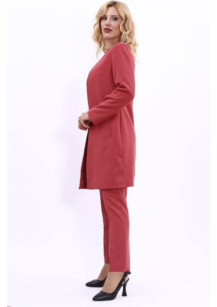 Sıfır Yaka Düz Uzun Ceket & Dar Paça Pantolon-Kiremit fiyatları