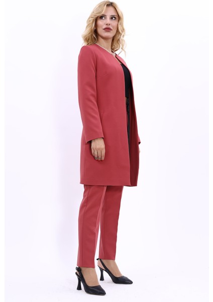 Sıfır Yaka Düz Uzun Ceket & Dar Paça Pantolon-Kiremit modelleri