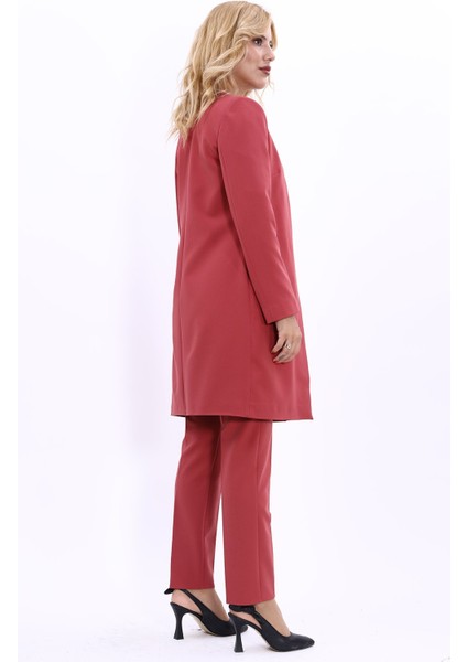 Sıfır Yaka Düz Uzun Ceket & Dar Paça Pantolon-Kiremit fırsatları