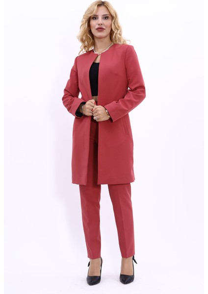 Sıfır Yaka Düz Uzun Ceket & Dar Paça Pantolon-Kiremit indirimleri