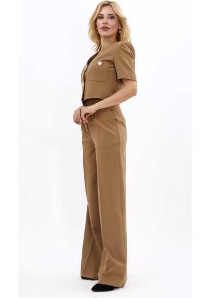 Kısa Kollu Yakasız Mini Ceket & Yüksek Bel Bol Paça Pantolon Takım-Camel fiyatları