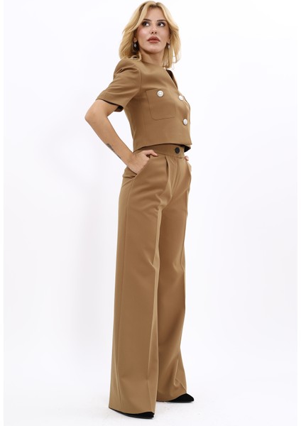 Kısa Kollu Yakasız Mini Ceket & Yüksek Bel Bol Paça Pantolon Takım-Camel modelleri
