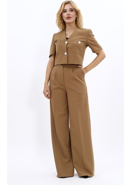 Kısa Kollu Yakasız Mini Ceket & Yüksek Bel Bol Paça Pantolon Takım-Camel indirimleri