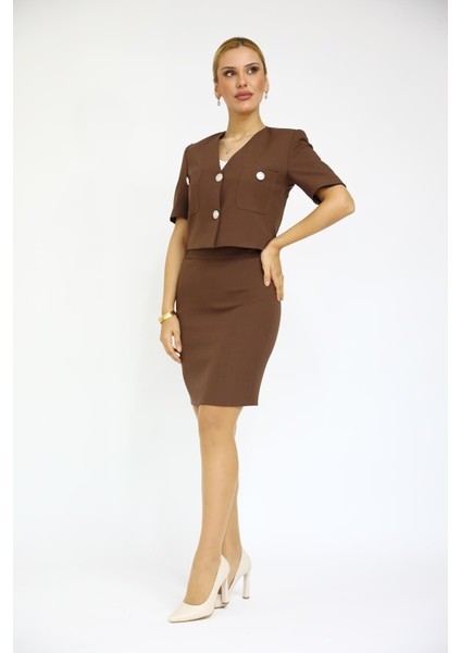 Kısa Kollu Yakasız Mini Ceket & Kısa Kalem Etek Takım-Kestane