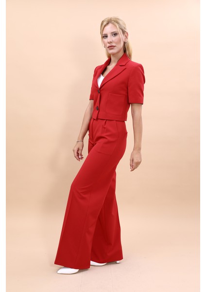Kısa Kollu Yakalı Mini Ceket & Yüksek Bel Bol Paça Pantolon Takım-Kırmızı